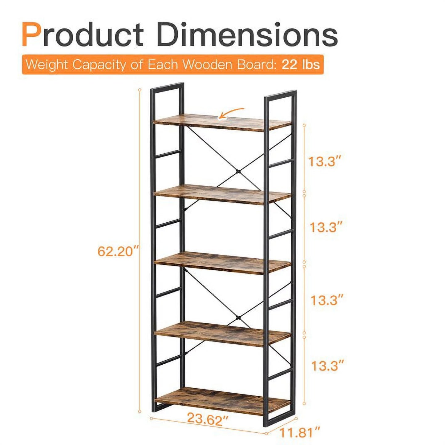 5 Tier Ladder Bookshelf, Industrial Open Bookcase Storage Organizer, Modern Tall Book Shelf for Bedroom, Living Room and Home Office, Rustic Brown