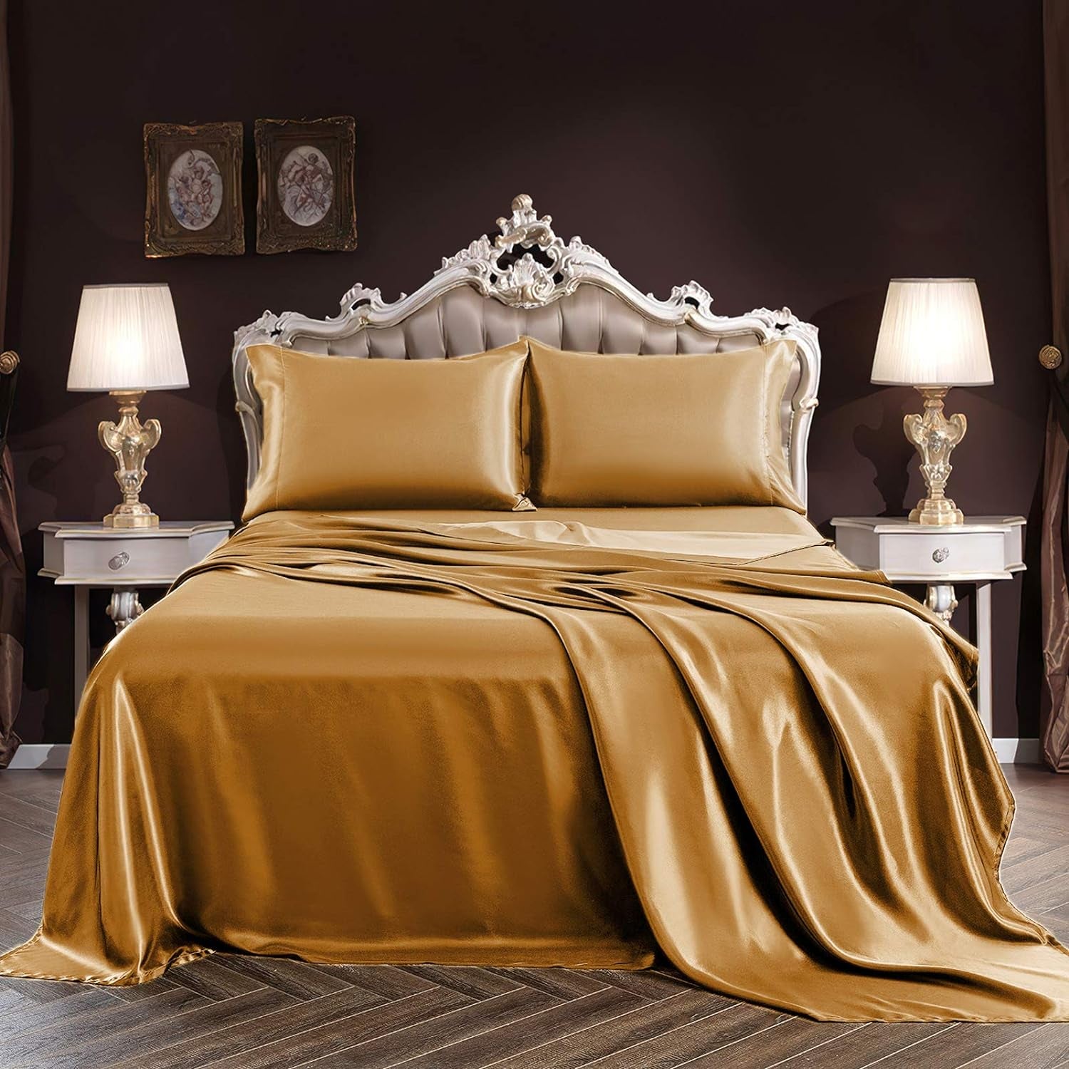 4Pcs Satin Sheet Set Queen Size Ultra Silky Soft Gold Satin Queen Bed Sheets with Deep Pocket, 1 Fitted Sheet, 1 Flat Sheet, 2 Envelope Closure Pillowcases