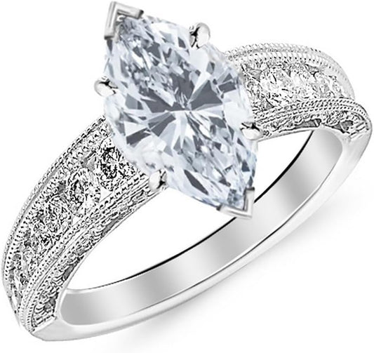 2.1 Carat T.W. 14K White Gold Antique/Vintage Style Channel Set round Diamond Engagement Ring with Milgrain with a 1.5 Ct Forever Classic Marquise Moissanite Center