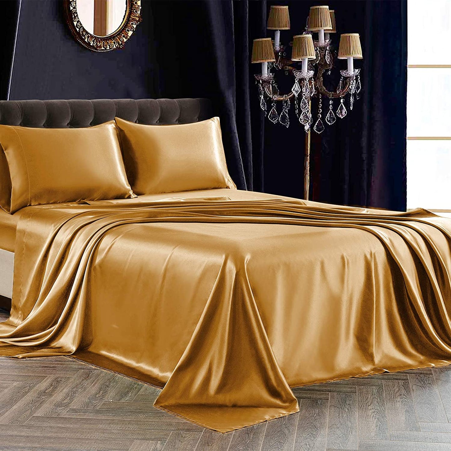 4Pcs Satin Sheet Set Queen Size Ultra Silky Soft Gold Satin Queen Bed Sheets with Deep Pocket, 1 Fitted Sheet, 1 Flat Sheet, 2 Envelope Closure Pillowcases