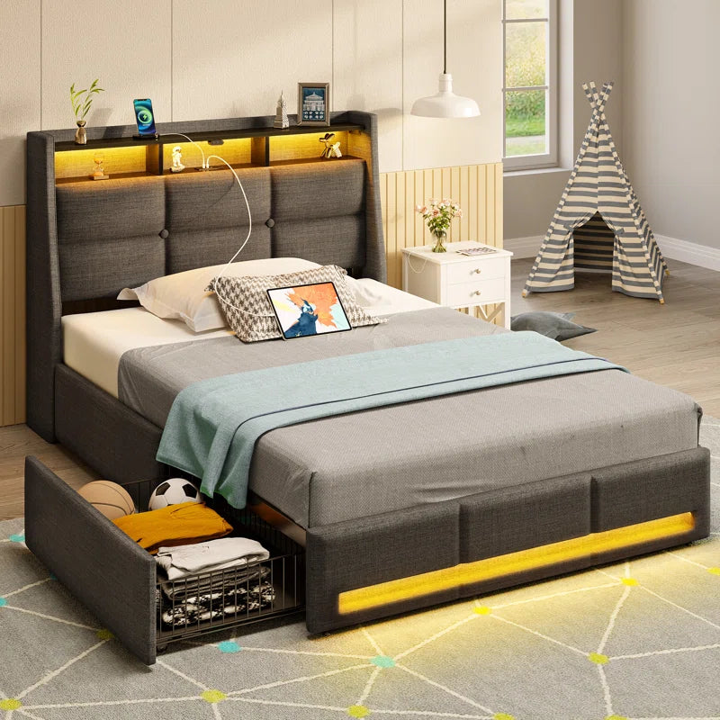 Dyane Upholstered Bed Full Bed Frame with Charging Station and LED Lights