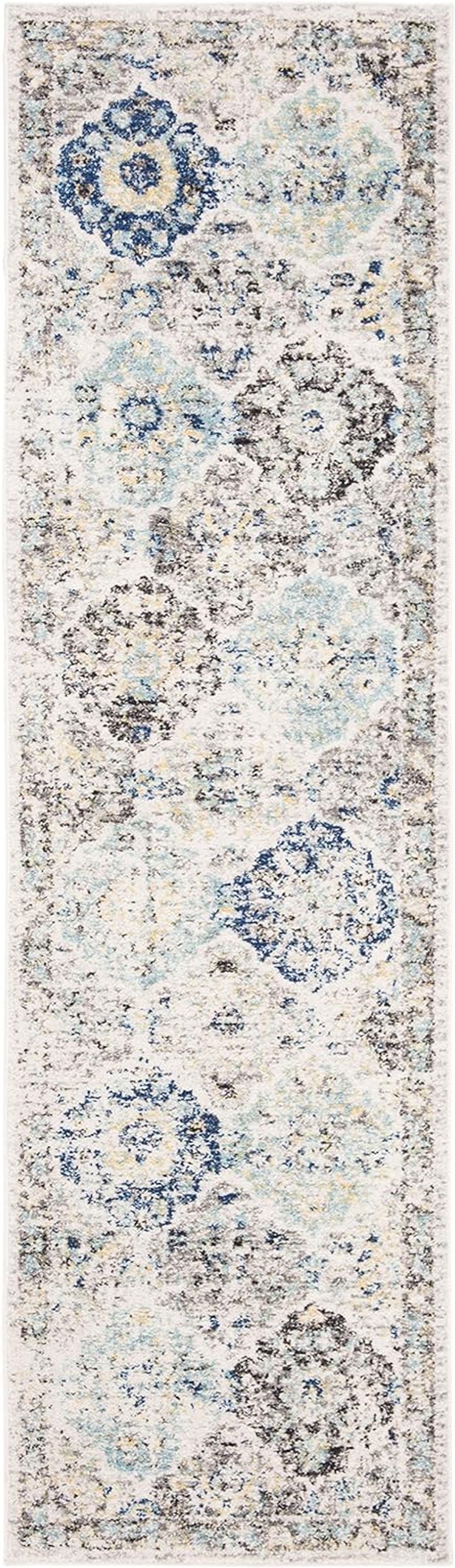 Madison Collection MAD611A Boho Chic Floral Medallion Trellis Distressed Non-Shedding Living Room Bedroom Runner, 2'3" X 18' , Ivory / Aqua