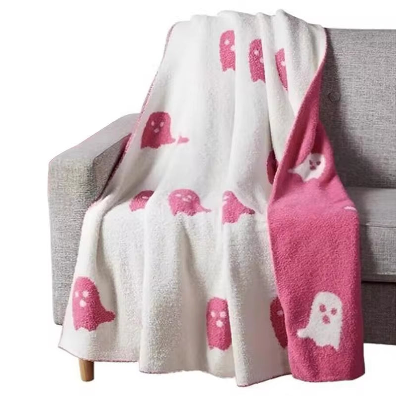 Halloween Blankets Throws Double-Sided Pink Ghost Blanket Fall Flannel Blanket for Bed Sofa Couch Fuzzy Blanket Plush Cover