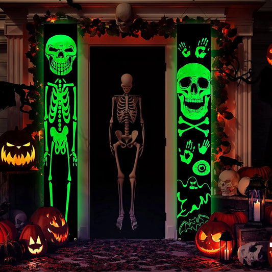 Halloween Decorations, Halloween Porch Banners Luminous Ghost Skeleton Hanging Flags Door Sign for Halloween Indoor Outdoor Porch Decor