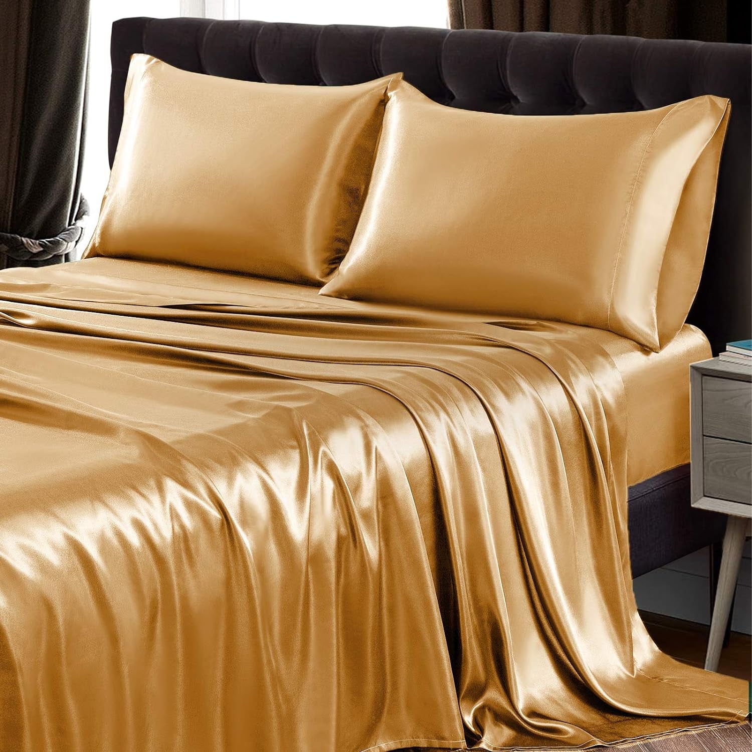 4Pcs Satin Sheet Set Queen Size Ultra Silky Soft Gold Satin Queen Bed Sheets with Deep Pocket, 1 Fitted Sheet, 1 Flat Sheet, 2 Envelope Closure Pillowcases