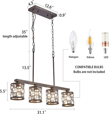 4-Light Dining Room Chandelier Light Fxiture, Kitchen Island Lighting with Oil Rubbed Bronze Finish, Linear Pendant Lighting for Kitchen