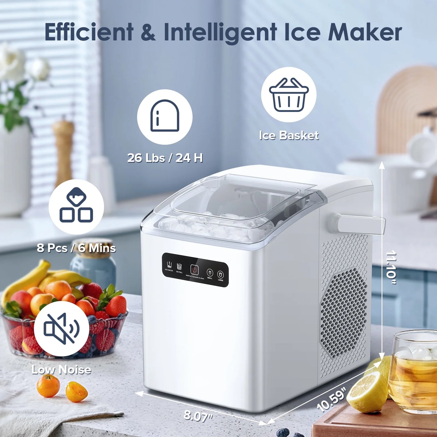 Countertop Portable Ice Maker, Self-Cleaning with Handle, Ice Scoop, 2 Sizes of Bullet Ice Cubes, for Home/Kitchen/Office-White