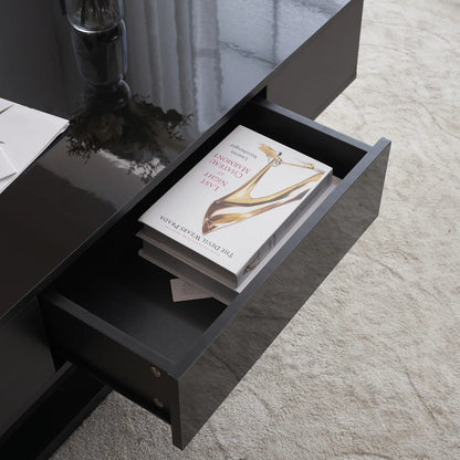 LED Coffee Table with Storage Shelf and 2 Drawers, High Gloss Cocktail Table Accent Furniture for Living Room 43.3" Black