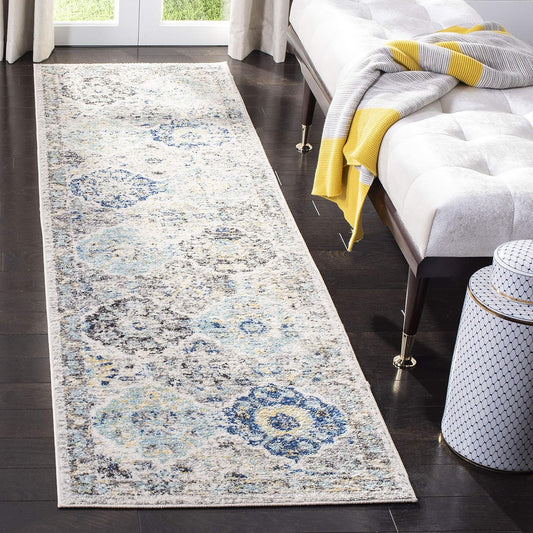 Madison Collection MAD611A Boho Chic Floral Medallion Trellis Distressed Non-Shedding Living Room Bedroom Runner, 2'3" X 18' , Ivory / Aqua