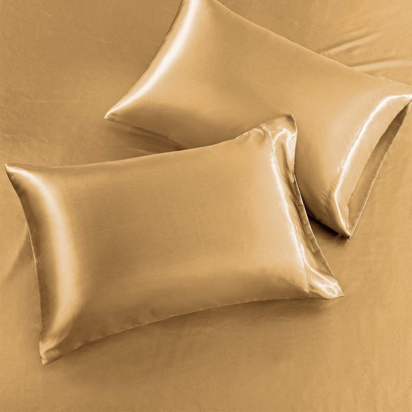 4Pcs Satin Sheet Set Queen Size Ultra Silky Soft Gold Satin Queen Bed Sheets with Deep Pocket, 1 Fitted Sheet, 1 Flat Sheet, 2 Envelope Closure Pillowcases