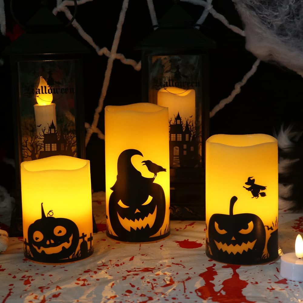 Halloween Flameless Candles, LED Flickering Battery Pillar Candles with 6H Timer and Pumpkin Decals, Spooky Fall Halloween Festival Party Decoration Set of 3 (D 3” X H 4” 5” 6”)