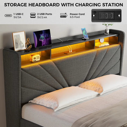 Karo Upholstered Metal Wingback Storage Bed with Headboard, Charging Station and LED Lights