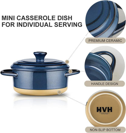 12 Oz Ramekins with Lids, Mini Casserole Dish with Lid Oven Safe, Small Casserole Dish Set, Oven Safe Bowls, Mini Dutch Oven Set of 4, Souffle Dish, Mini Baking Dishes for Oven with Lids, Farmhouse Style (Blue)