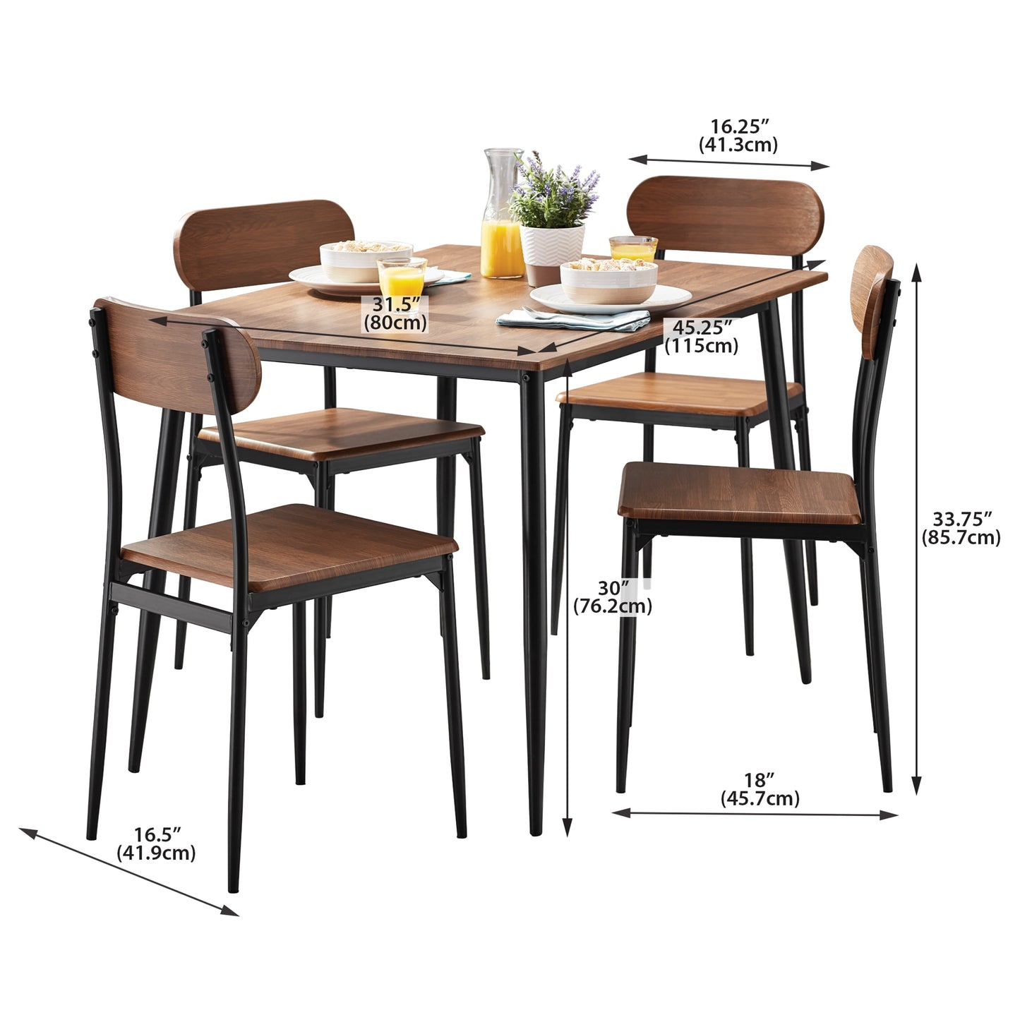 5-Piece Modern Wood & Metal Dining Room Set, Seats 4 for Indoor, Walnut Color