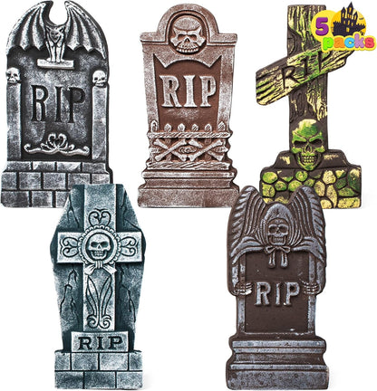 5 Packs Halloween Tombstones Decorations,17" Halloween Foam RIP Graveyard Decorations and 10 Bonus Metal Stakes for Halloween Outdoor Yard Decorations